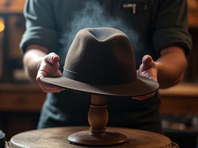 Artisan hand-shaping a fedora crown